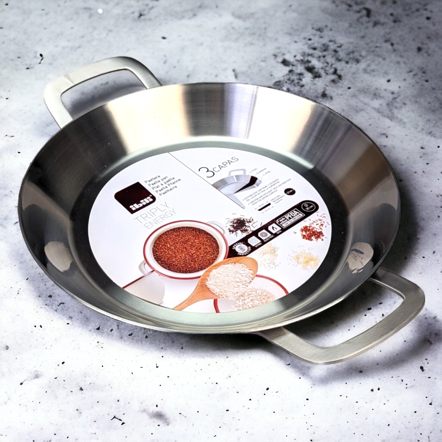30cm Ibili ''Triply'' Stainless Steel Paella Pan for Ceramic, Induction hobs & AGA's